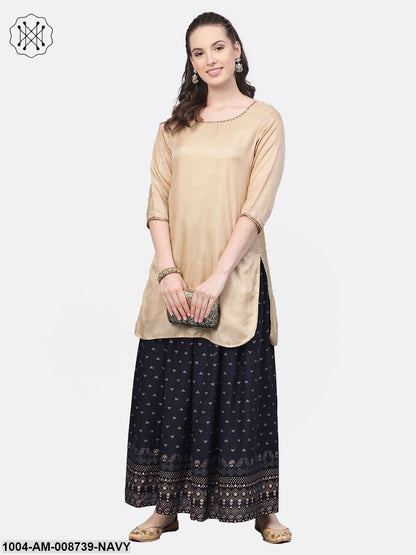 Navy Blue Gold printed ankle length flared skirt