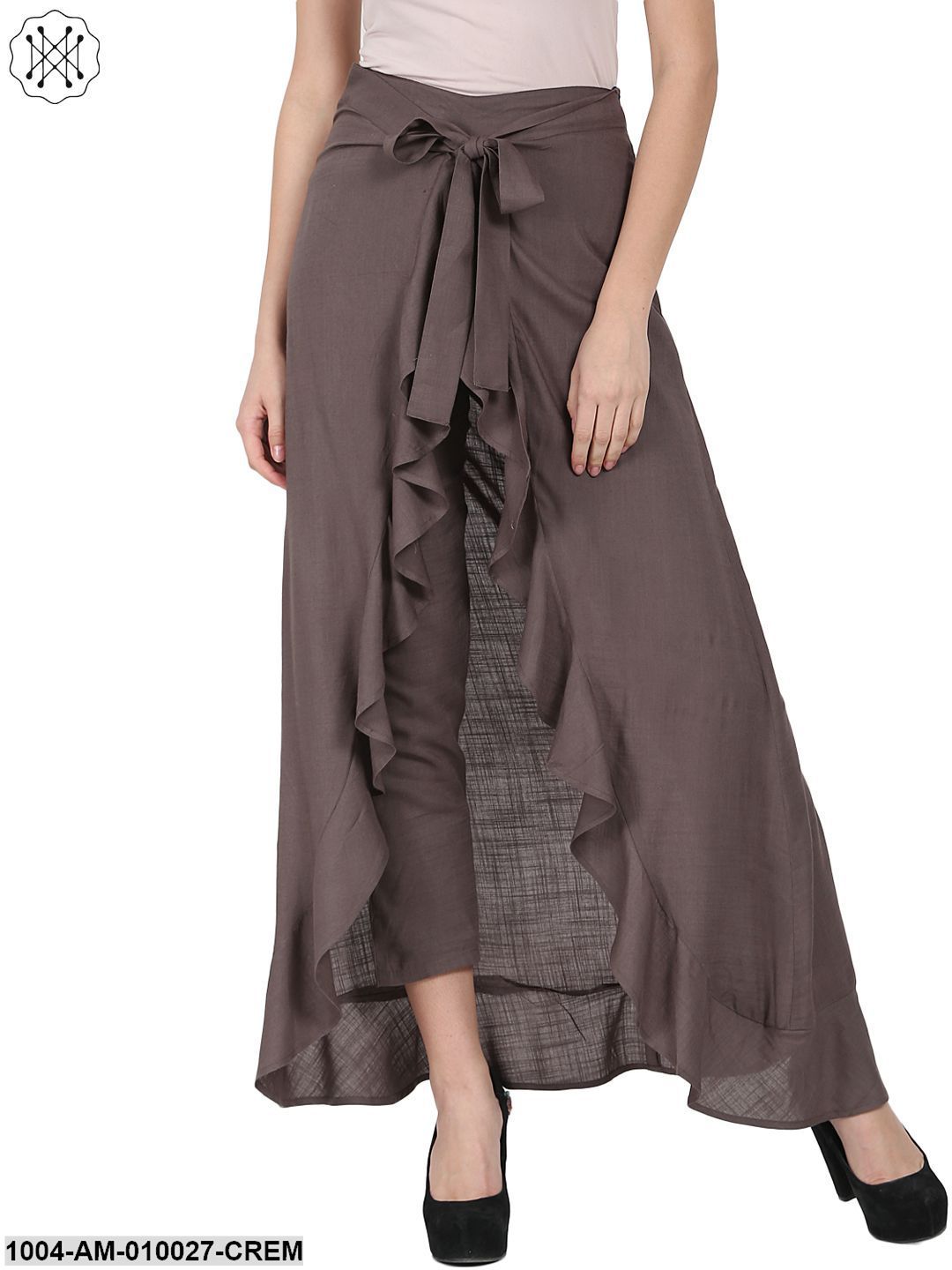 Taupe Ankle Length Rayon Slub Flared Skirt