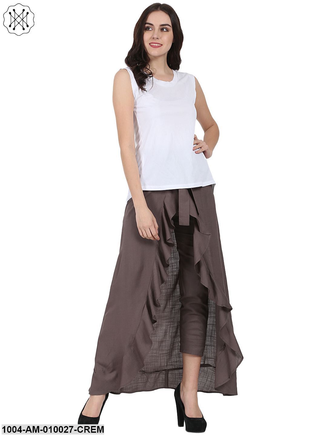 Taupe Ankle Length Rayon Slub Flared Skirt