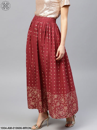 Maroon Printed Flared Ankle Length Skirt