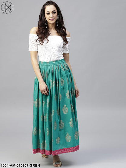 Green PrintedFlared Ankle Length Skirt