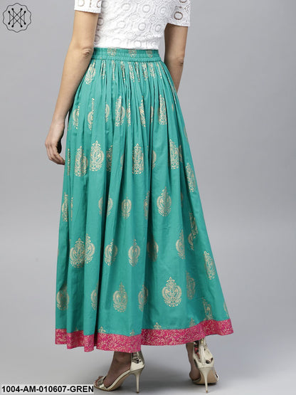 Green PrintedFlared Ankle Length Skirt