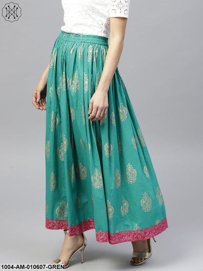 Green PrintedFlared Ankle Length Skirt