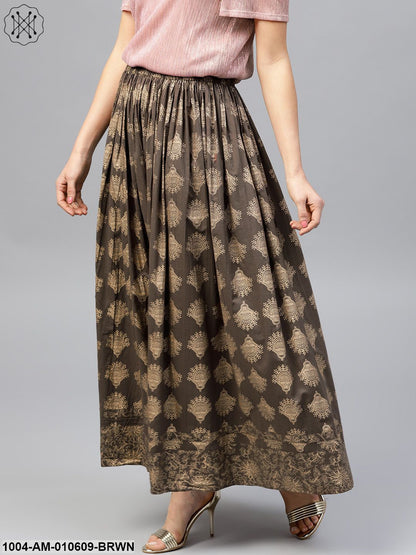 Mud Brown Printed Flared Ankle Length Skirt