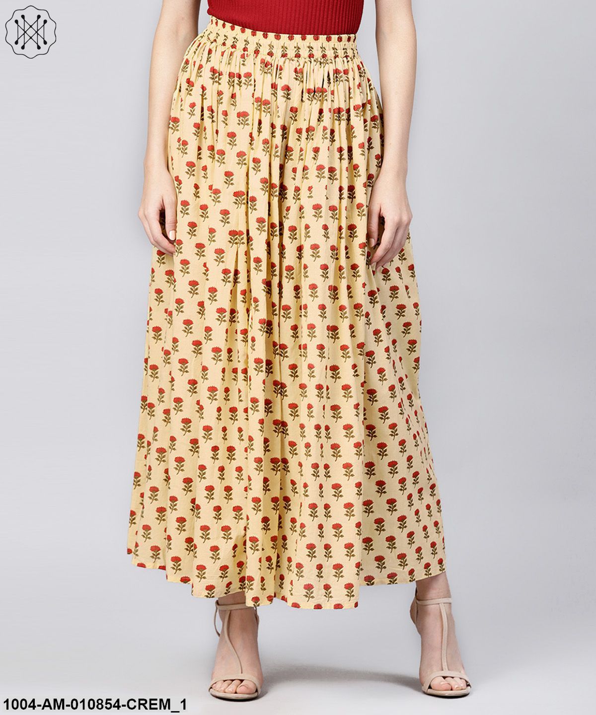 Women Cream-Coloured & Red Printed Maxi Flared Skirt