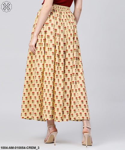 Women Cream-Coloured & Red Printed Maxi Flared Skirt