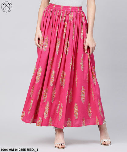 Red Printed Cotton Ankle Length Flared Skirt