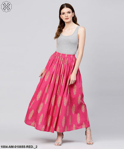 Red Printed Cotton Ankle Length Flared Skirt