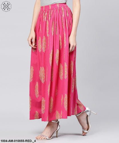 Red Printed Cotton Ankle Length Flared Skirt