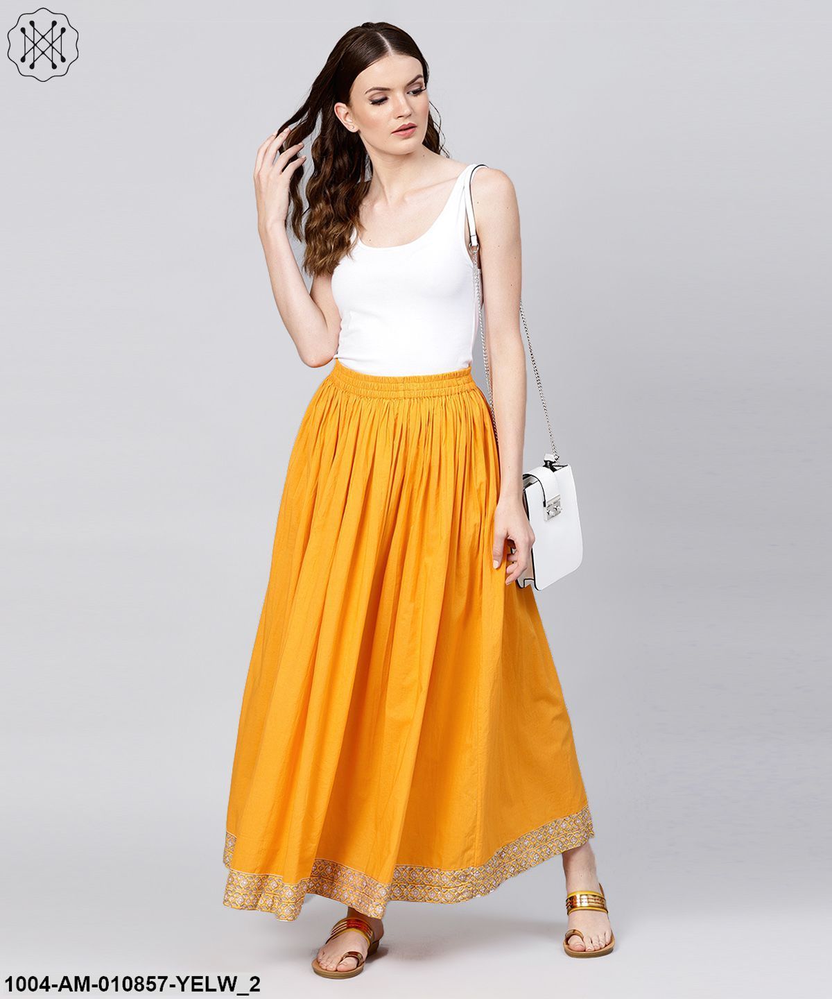 Yellow Ankle Length Cotton Flared Skirt