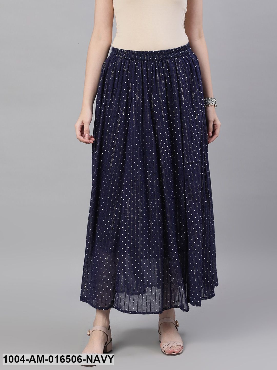 Navy blue polka dot printed maxi skirt