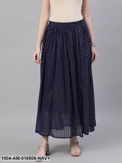 Navy blue polka dot printed maxi skirt