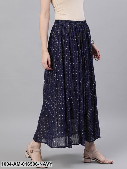 Navy blue polka dot printed maxi skirt