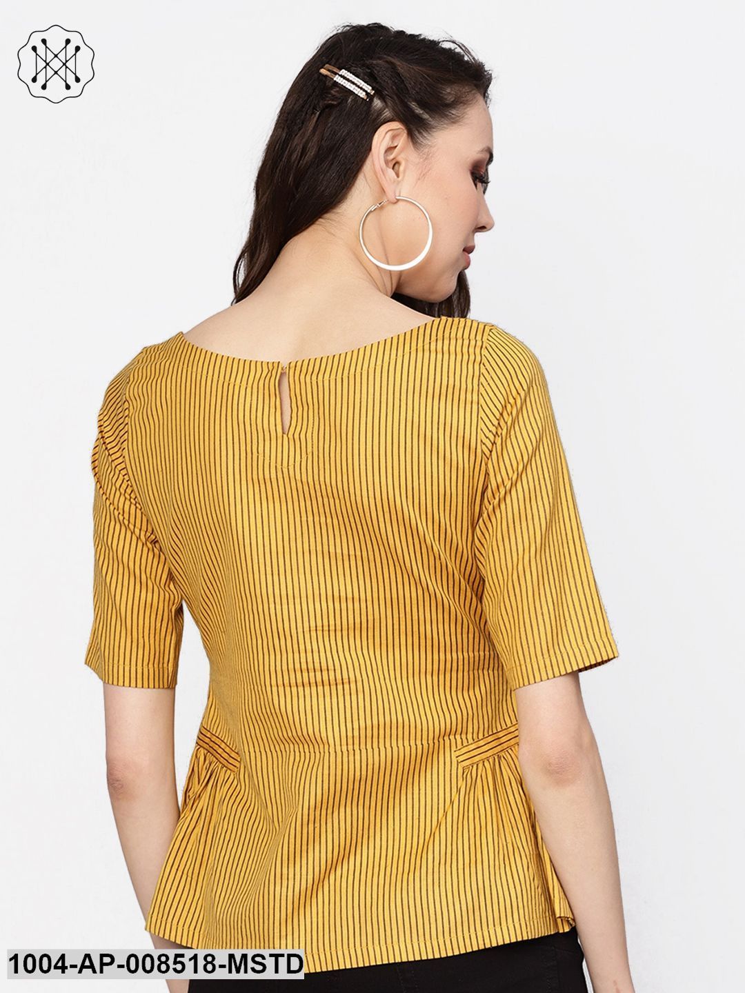 Mustard Striped Print Boat Neck Top With Side Gathers Detailing