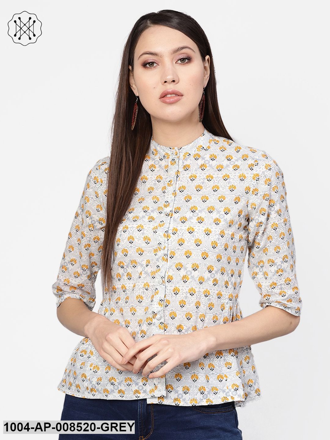 Grey Quirky Printed 3/4Th Sleeves A-Line Top