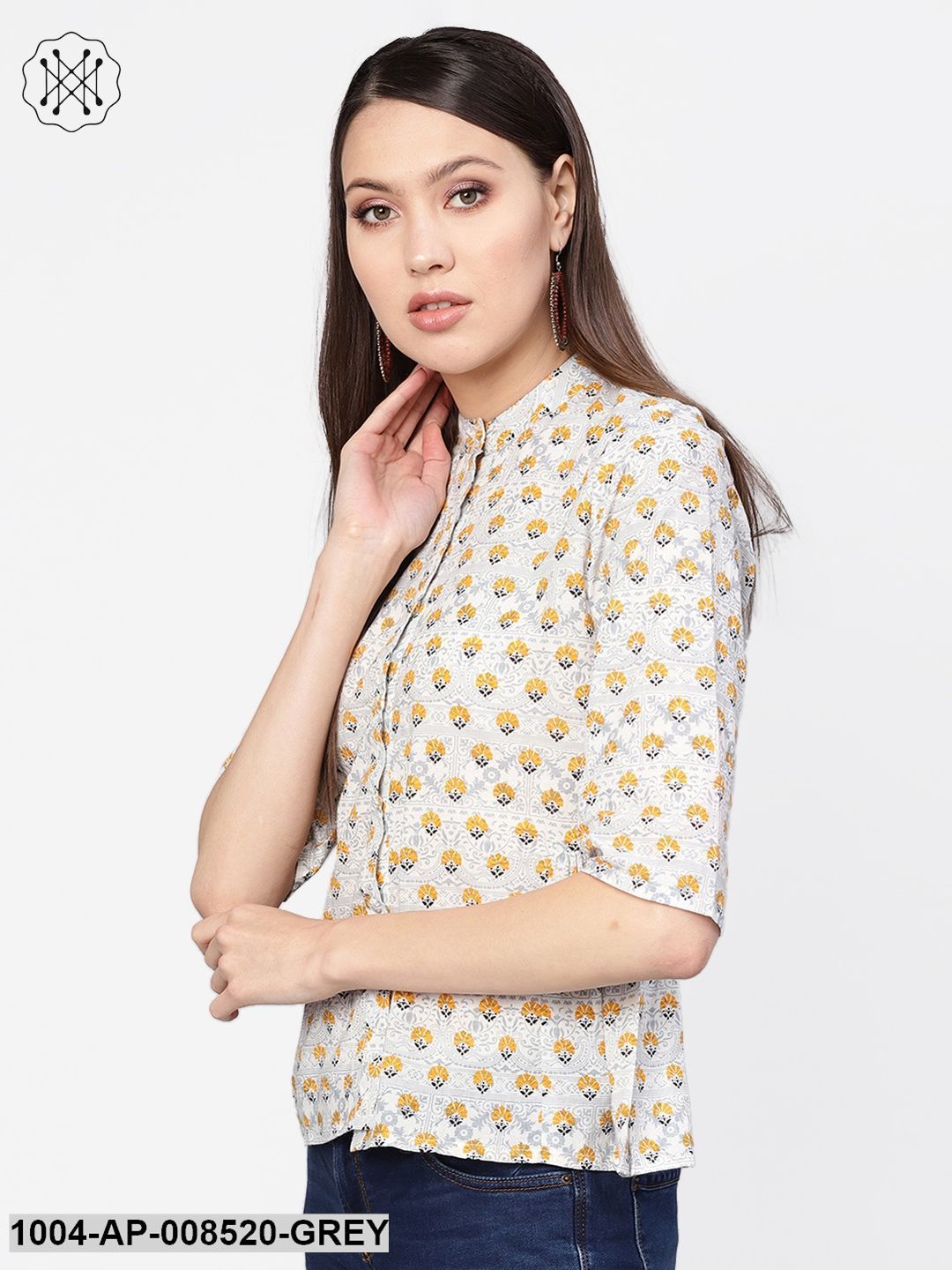 Grey Quirky Printed 3/4Th Sleeves A-Line Top