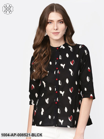 Black Quirky Printed 3/4Th Sleeves A-Line Top