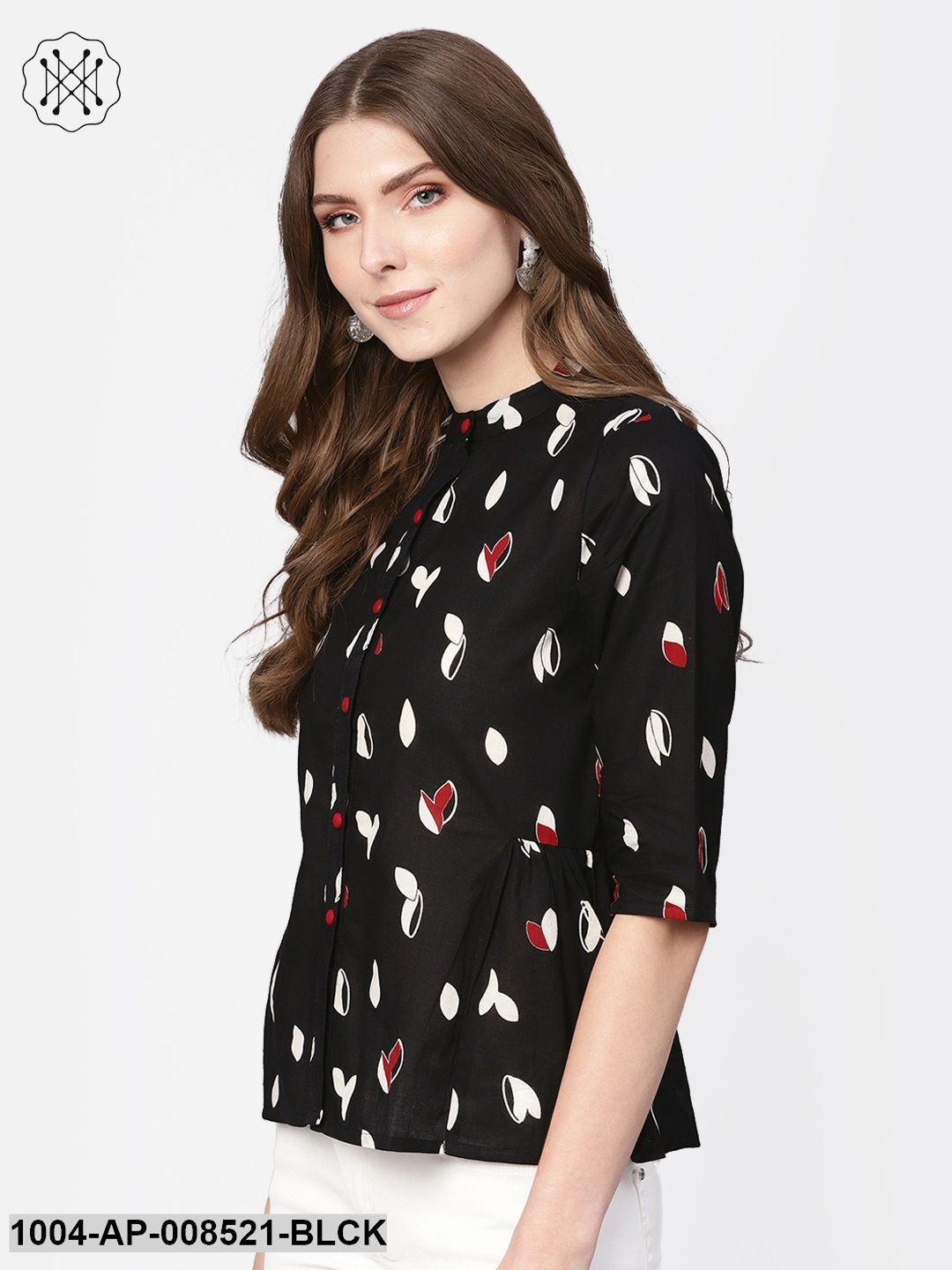 Black Quirky Printed 3/4Th Sleeves A-Line Top