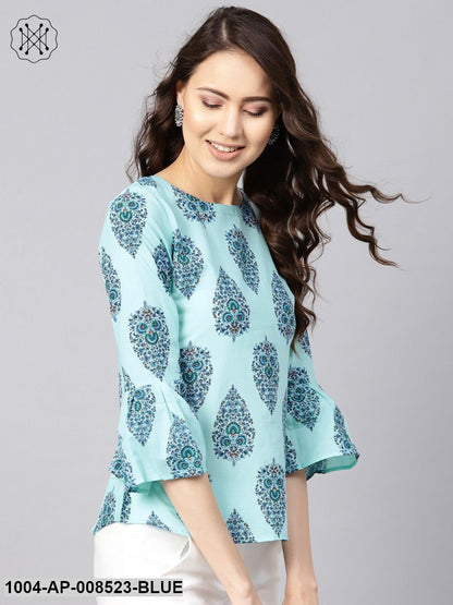 Sky Blue Printed Round Neck Flared Sleeves Top
