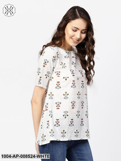 White Multi Colored Floral Pinted Top With Boat Neck & Half Sleeves