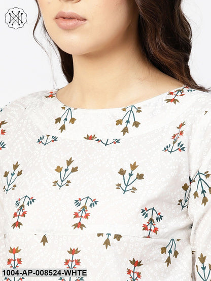 White Multi Colored Floral Pinted Top With Boat Neck & Half Sleeves