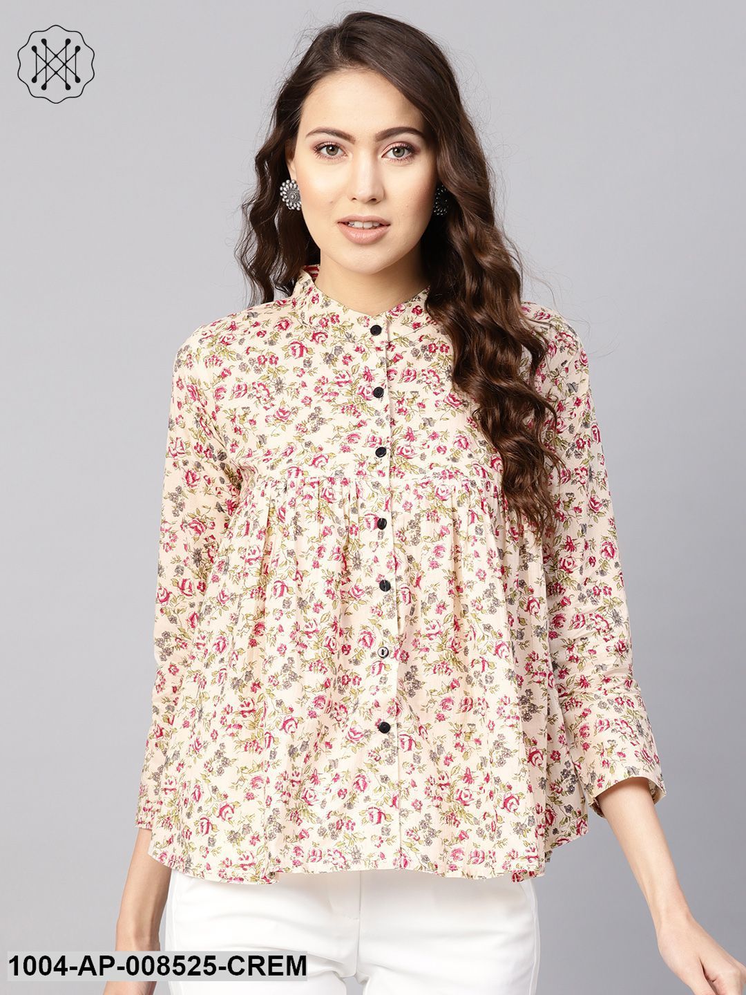 Cream Multi Colored Floral Printed Top With Mandarin Collar With Full Sleeves