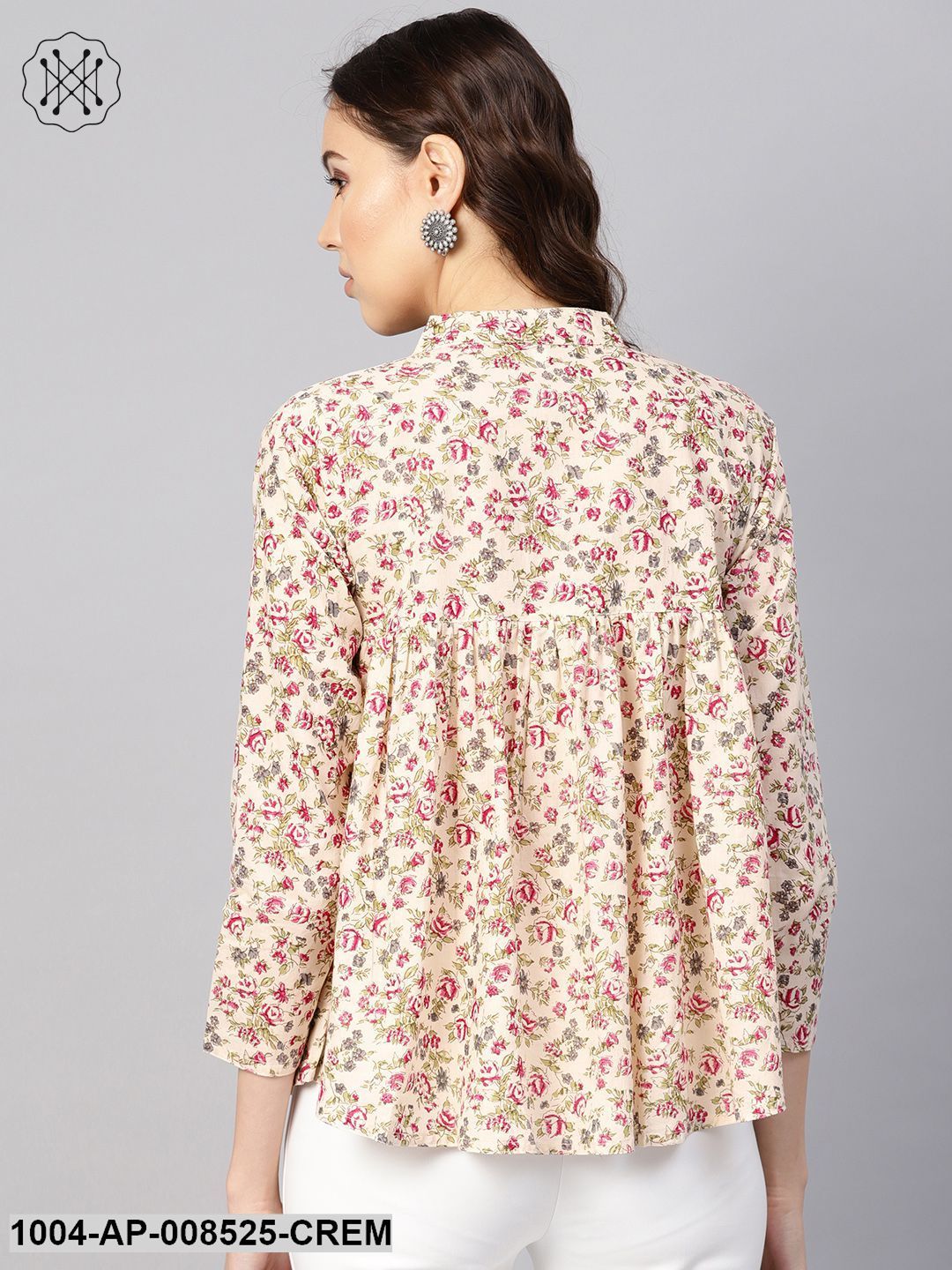 Cream Multi Colored Floral Printed Top With Mandarin Collar With Full Sleeves