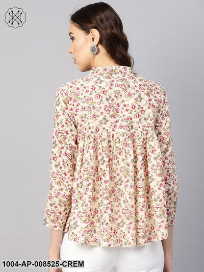 Cream Multi Colored Floral Printed Top With Mandarin Collar With Full Sleeves