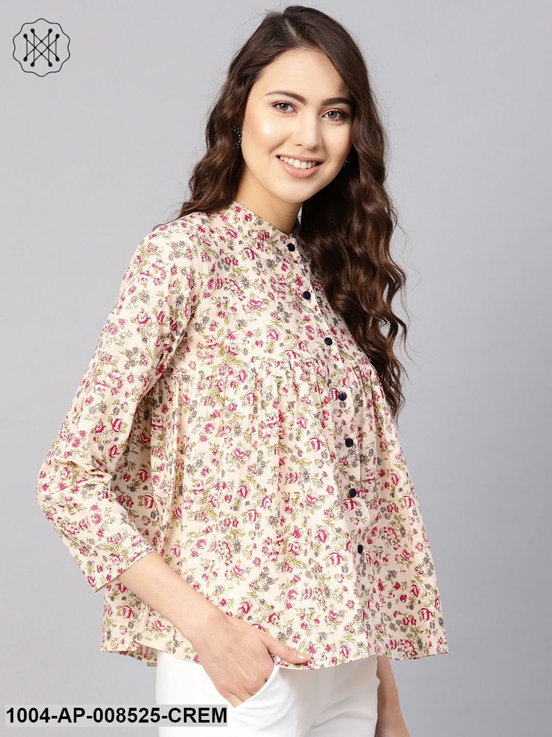 Cream Multi Colored Floral Printed Top With Mandarin Collar With Full Sleeves