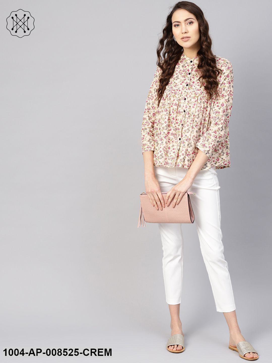 Cream Multi Colored Floral Printed Top With Mandarin Collar With Full Sleeves