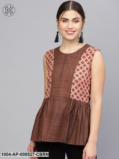 Coffee Brown Printed Cotton Sleevless Tops