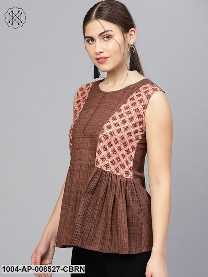 Coffee Brown Printed Cotton Sleevless Tops