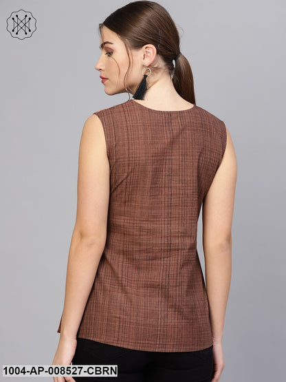 Coffee Brown Printed Cotton Sleevless Tops