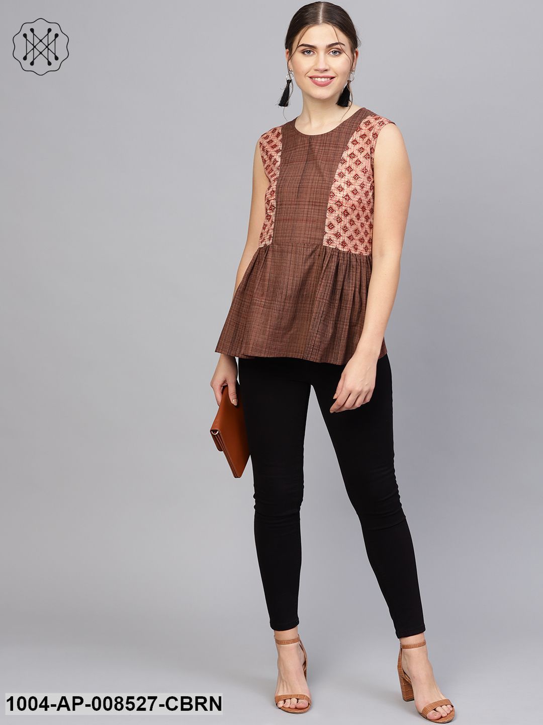 Coffee Brown Printed Cotton Sleevless Tops