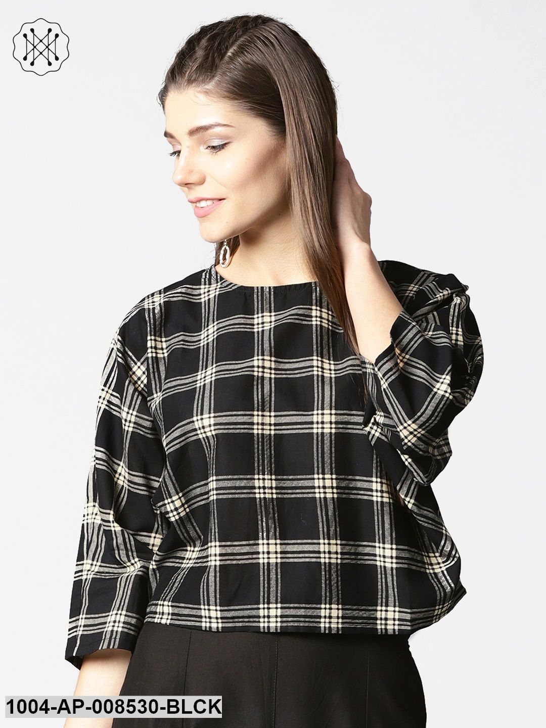 Black Check Flared Sleeve Cotton Top