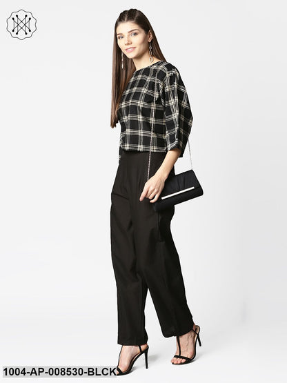 Black Check Flared Sleeve Cotton Top
