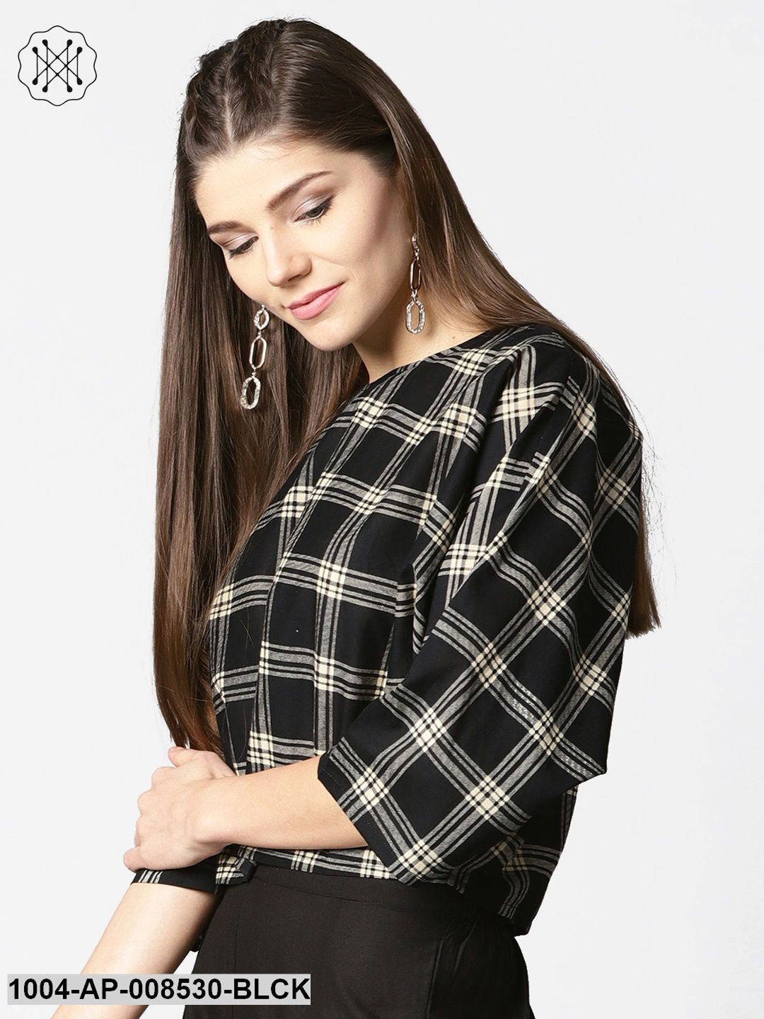Black Check Flared Sleeve Cotton Top
