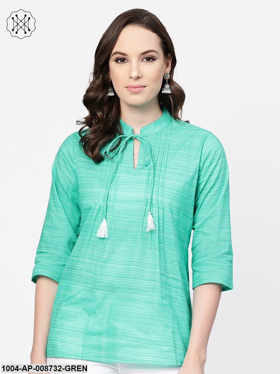 Solid Green self printed top with Dori work at yoke