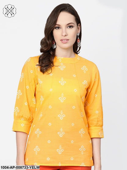 Yellow floral & checks printed A-line top
