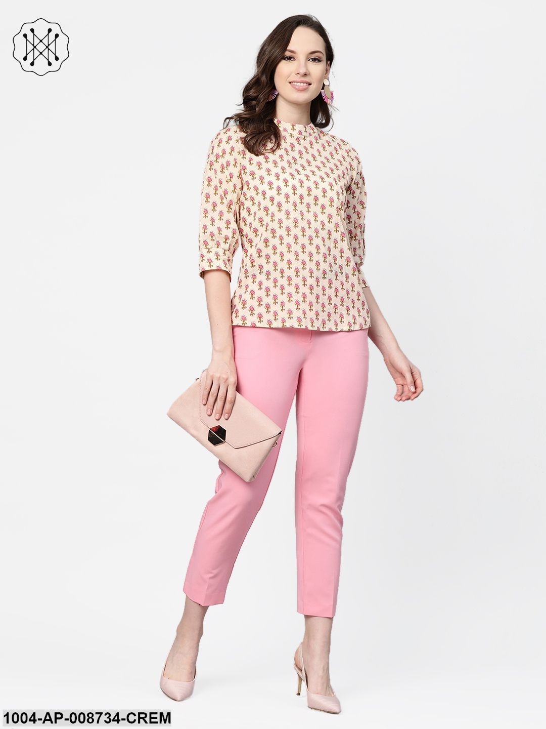 Cream and pink floral printed A-line top