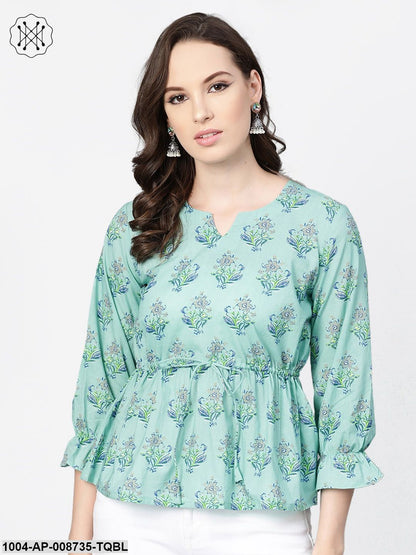 Mint blue with multi floral printed top with drawstring style