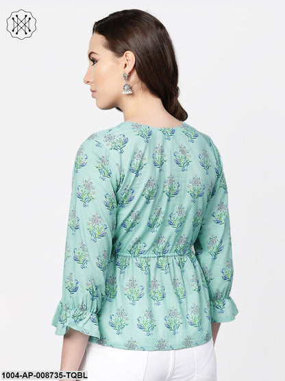Mint blue with multi floral printed top with drawstring style