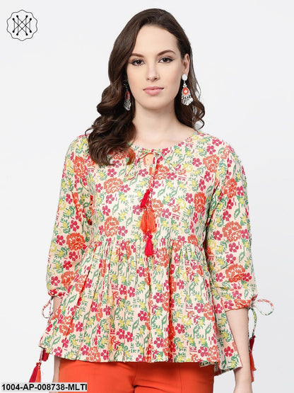 Off white and Multi floral printed top with Dori detailing on sleeves
