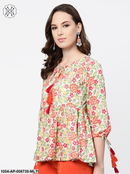 Off white and Multi floral printed top with Dori detailing on sleeves
