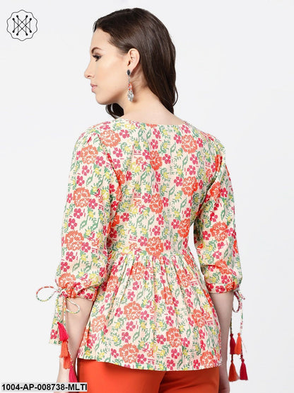 Off white and Multi floral printed top with Dori detailing on sleeves