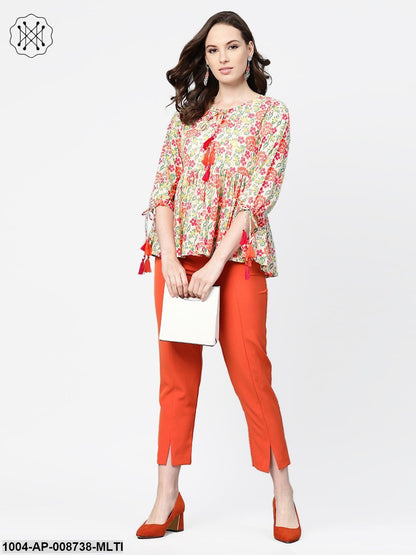 Off white and Multi floral printed top with Dori detailing on sleeves