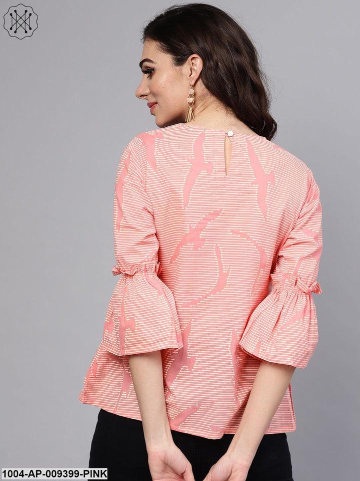 Pink Quirky Bird Printed Round Neck Frilled Sleeves Top