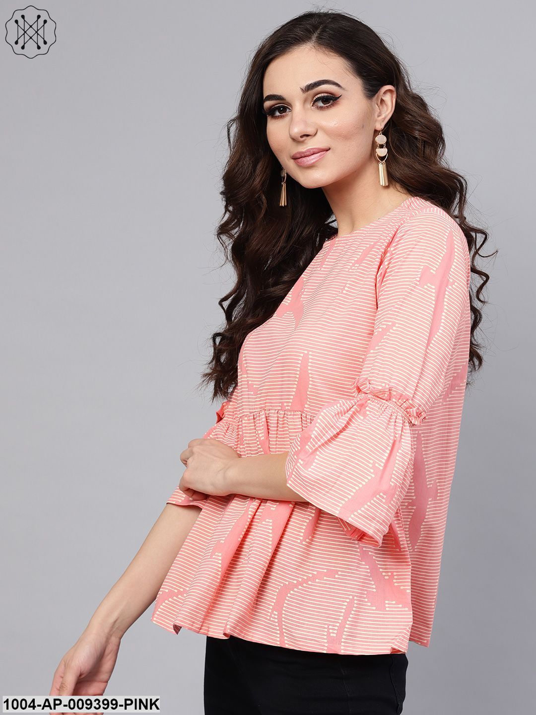 Pink Quirky Bird Printed Round Neck Frilled Sleeves Top