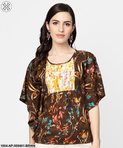 Chocolate Brown Multi ColoredKaftaan Top With Pleated Yoke