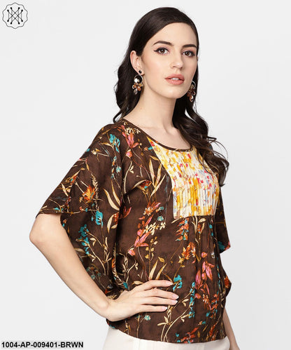 Chocolate Brown Multi ColoredKaftaan Top With Pleated Yoke